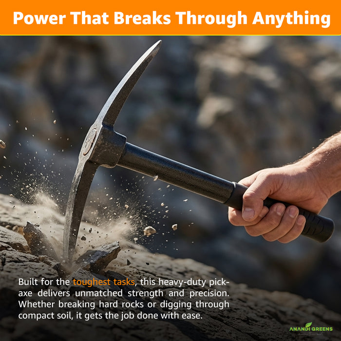 Hand holding a pickaxe breaking through rock with text about its power and durability. Multi-purpose farming pick axe for soil loosening and planting