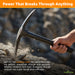 Hand holding a pickaxe breaking through rock with text about its power and durability. Multi-purpose farming pick axe for soil loosening and planting