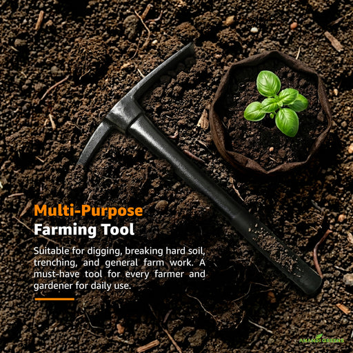 Multi-purpose farming tool on soil with a small plant, suitable for digging and breaking hard soil
