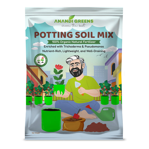 Organic potting soil mix bag front – Anandi Greens