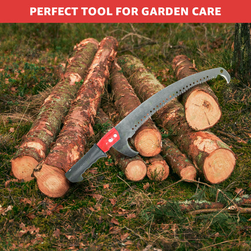 Hand saw on logs with text 'Perfect Tool for Garden Care' on a red. Pruning saw cutting tree branch easily background