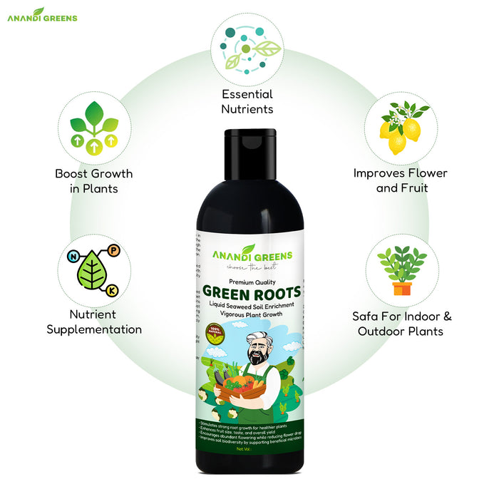 Seaweed extract fertilizer back label – dilution rate and plant benefits