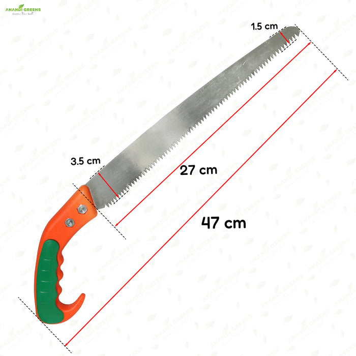 Pruning saw with measurements on a white background. Pruning saw dimensions and blade size