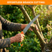 Person using a pruning saw to cut a branch with an orange banner at the top reading 'Effortless Branch Cutting'.